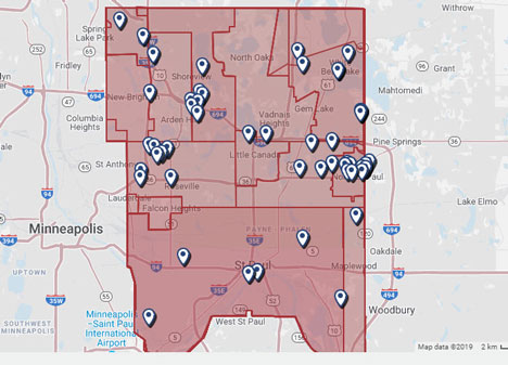 Screenshot of incentives dashboard map on RamseyCountyMeansBusiness.com