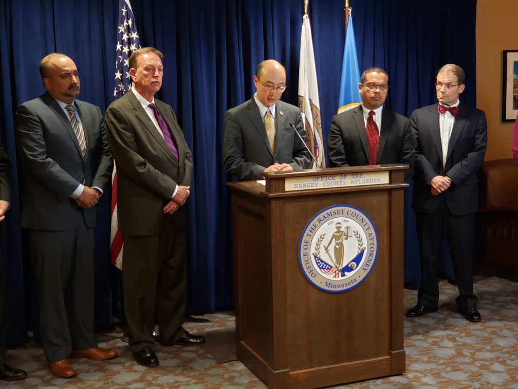 Imran Ali, Pete Orput, John Choi, Keith Ellison and Jim Fleming Photo of John Choi speaking at press conference