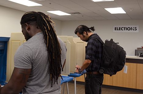 Voters filling in absentee ballots. 