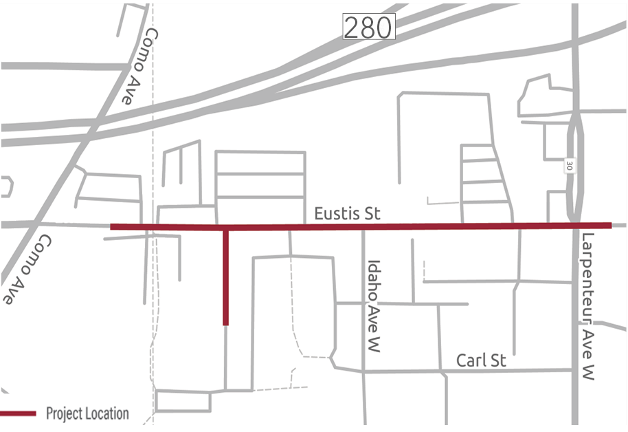 Map showing project area along Eustis Street between Larpenteur Avenue and the Lauderdale city limits.