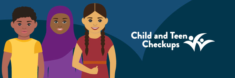 Banner with illustration of three children and the Child and Teen Checkup logo
