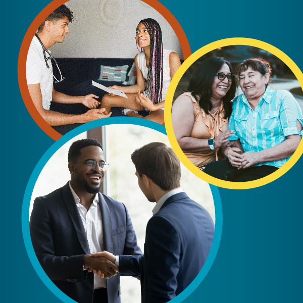 Trusted Messenger Public Health Initiative web graphic with a collage of people smiling and in healthcare settings