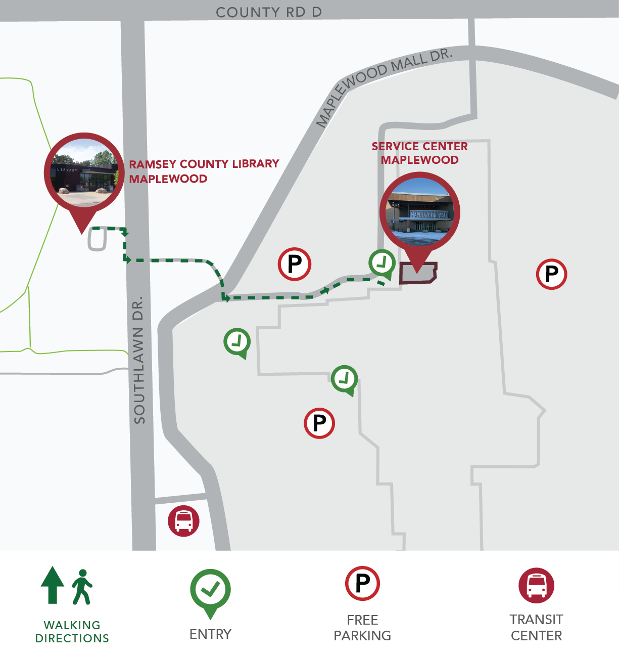 Overhead map of the Maplewood Mall highlighting the path from the Maplewood Library to the Maplewood Mall Service Center Overhead map of the Maplewood Mall highlighting the path from the Maplewood Library to the Maplewood Mall Service Center