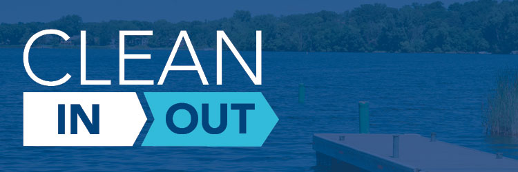 Graphic showing Clean In, Clean Out icon over a background showing a dock and lake.