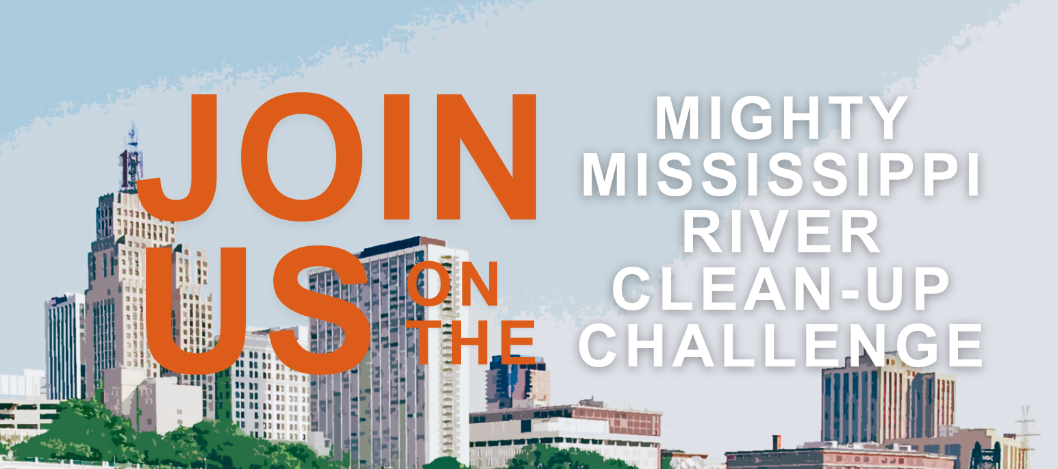 In orange text saying join us on the and in white text saying mighty mississippi river challenge. 