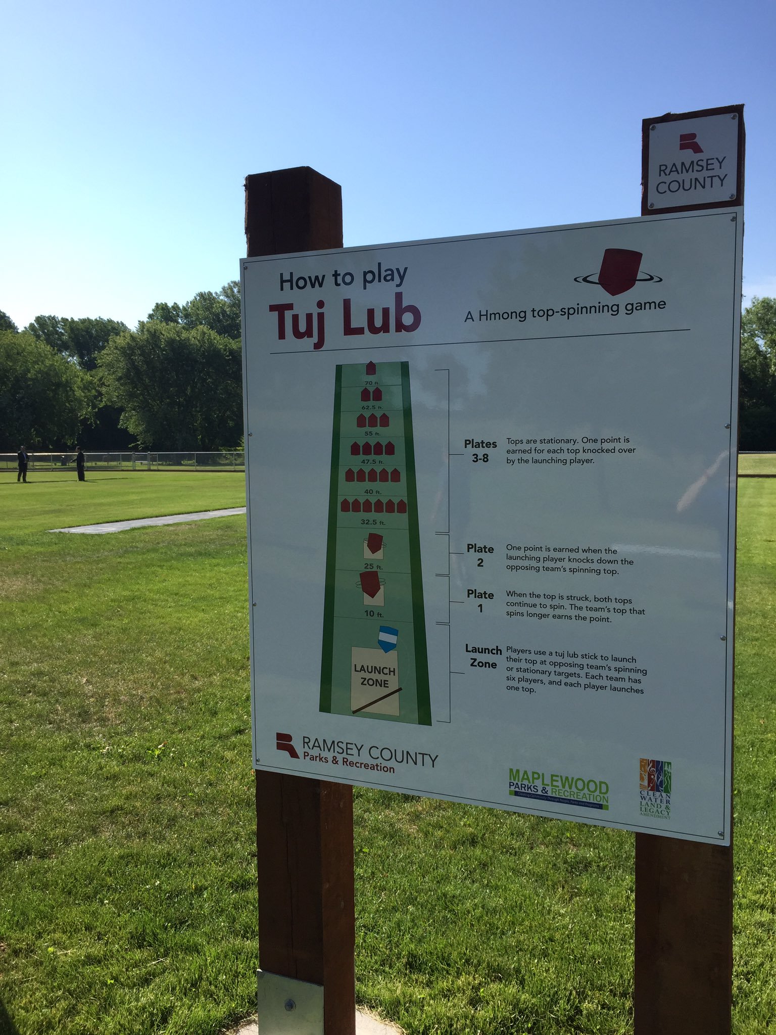 Instructional sign at Keller Regional Park explaining how to play the game of Tuj Lub