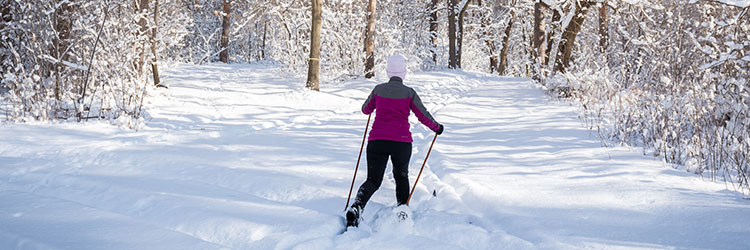 Woman cross-country skiing through a snowy Ramsey County park