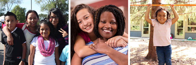 Banner image with photos of a group of children, adult and child embracing, and child on playground