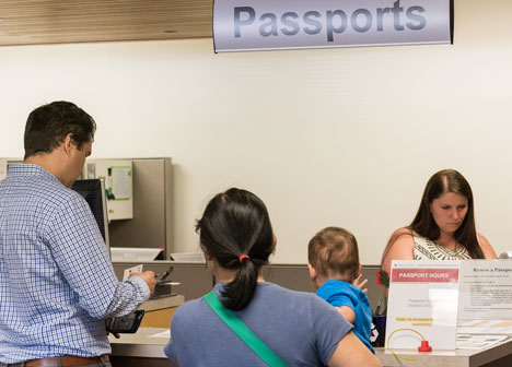Passport service counter at Plato office building