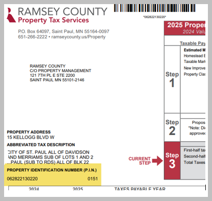 A sample Ramsey County Property Tax Statement showing the Property Identification Number (PIN) highlighted in yellow near the bottom. The document is for the year 2025 and lists the property address, abbreviated tax description, and step-by-step instructi