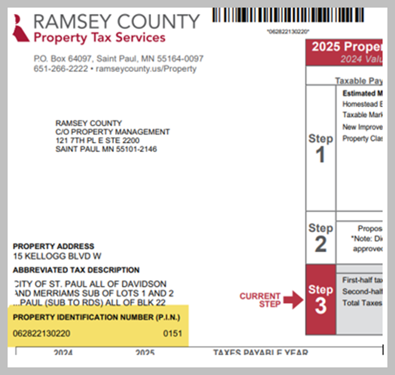A sample Ramsey County Property Tax Statement showing the Property Identification Number (PIN) highlighted in yellow near the bottom. The document is for the year 2025 and lists the property address, abbreviated tax description, and step-by-step instructi