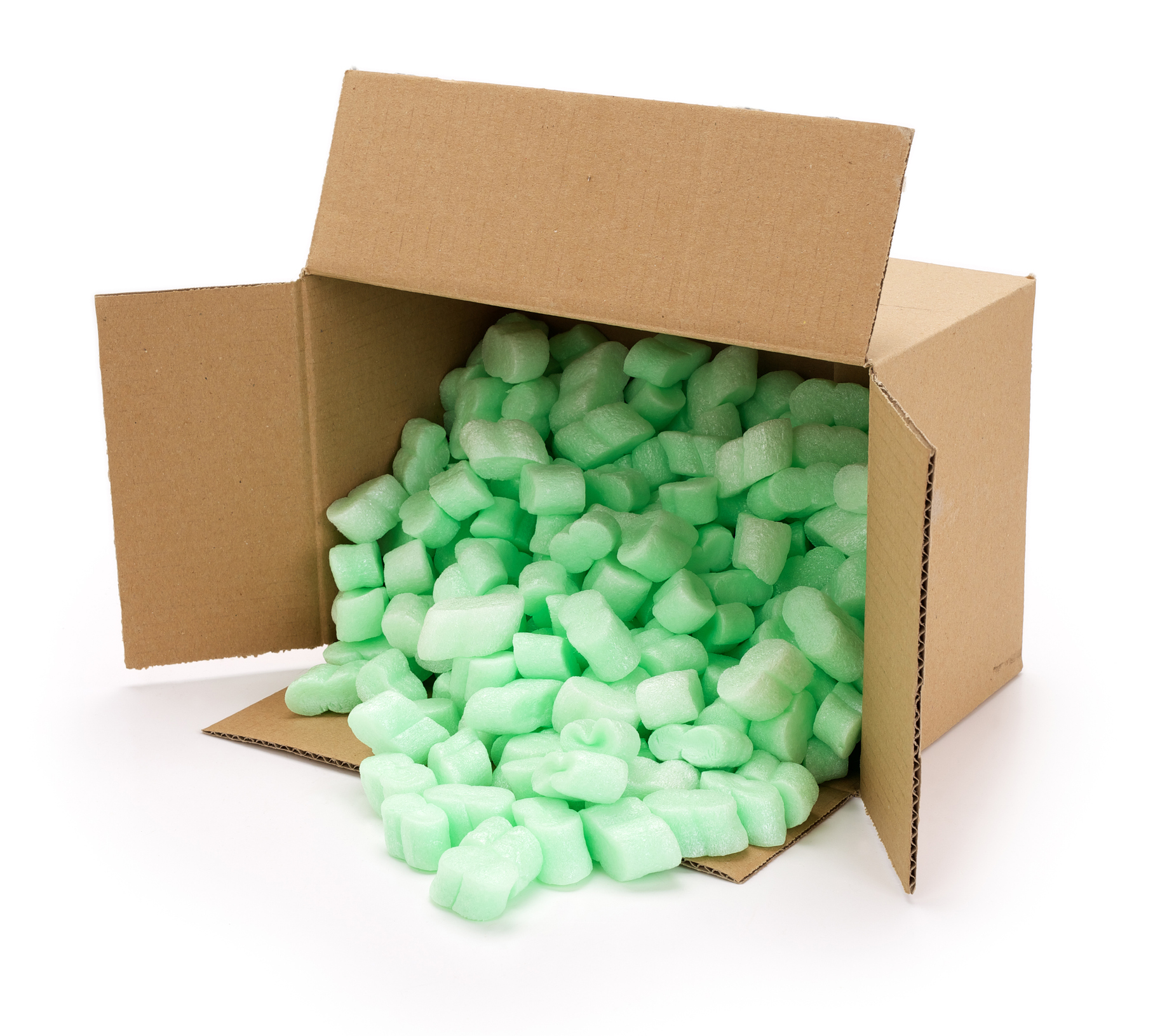 Box of light green Styrofoam packing peanuts