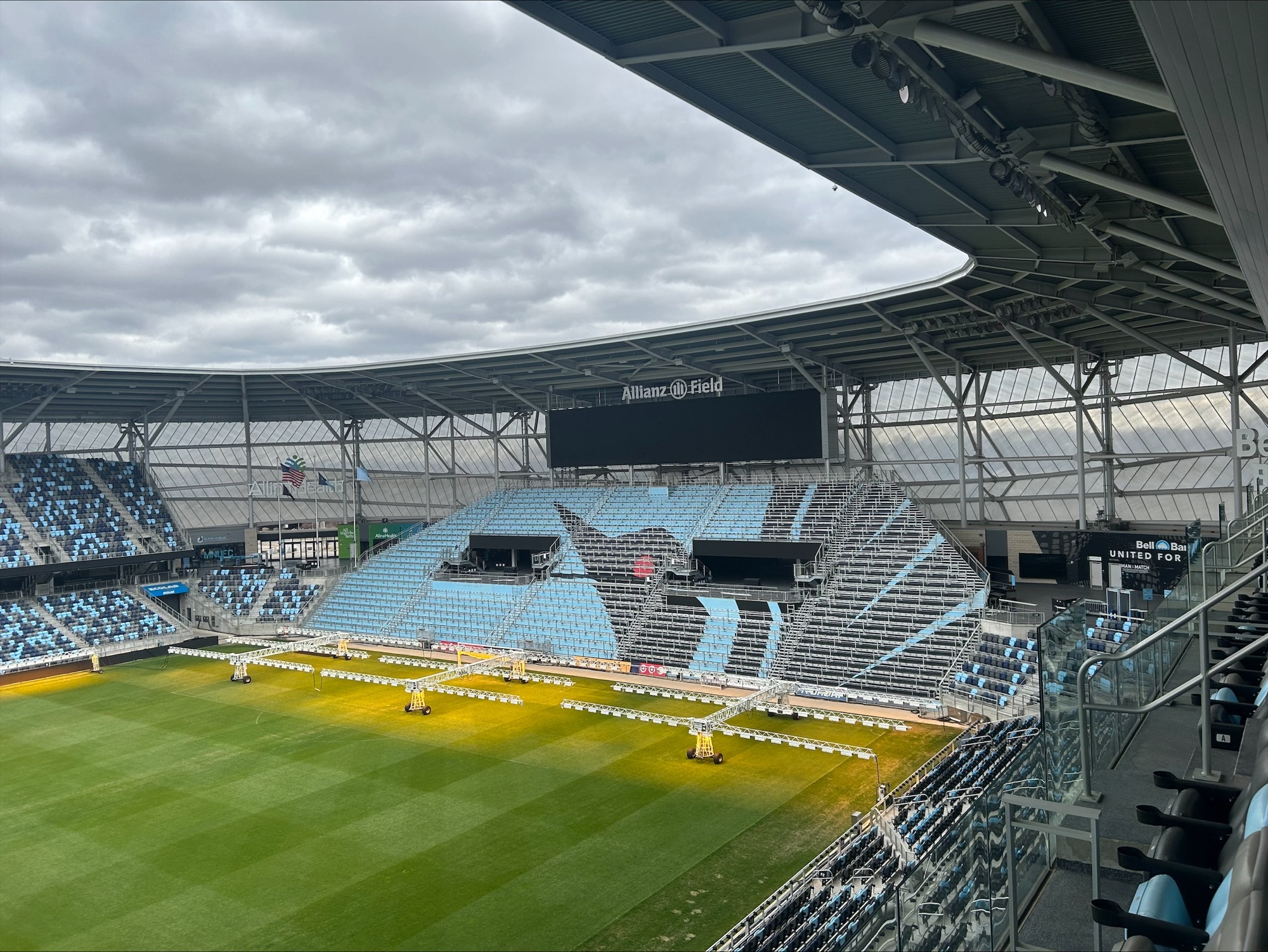 Side view of Allianz Field with the soccer pitch and the empty stadium