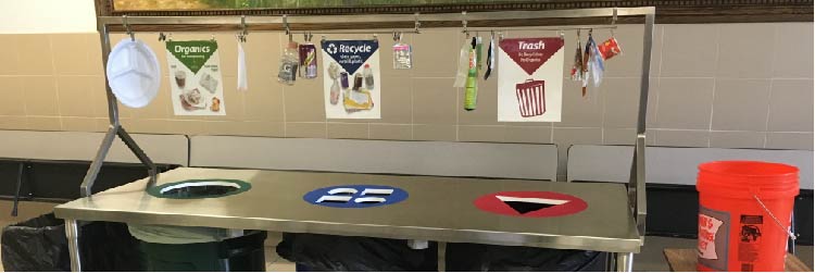 Sorting table for organics, recycling and trash in school cafeteria