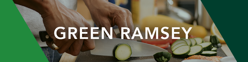 Hand chopping a cucumber with a knife in background and title words Green Ramsey in foreground.