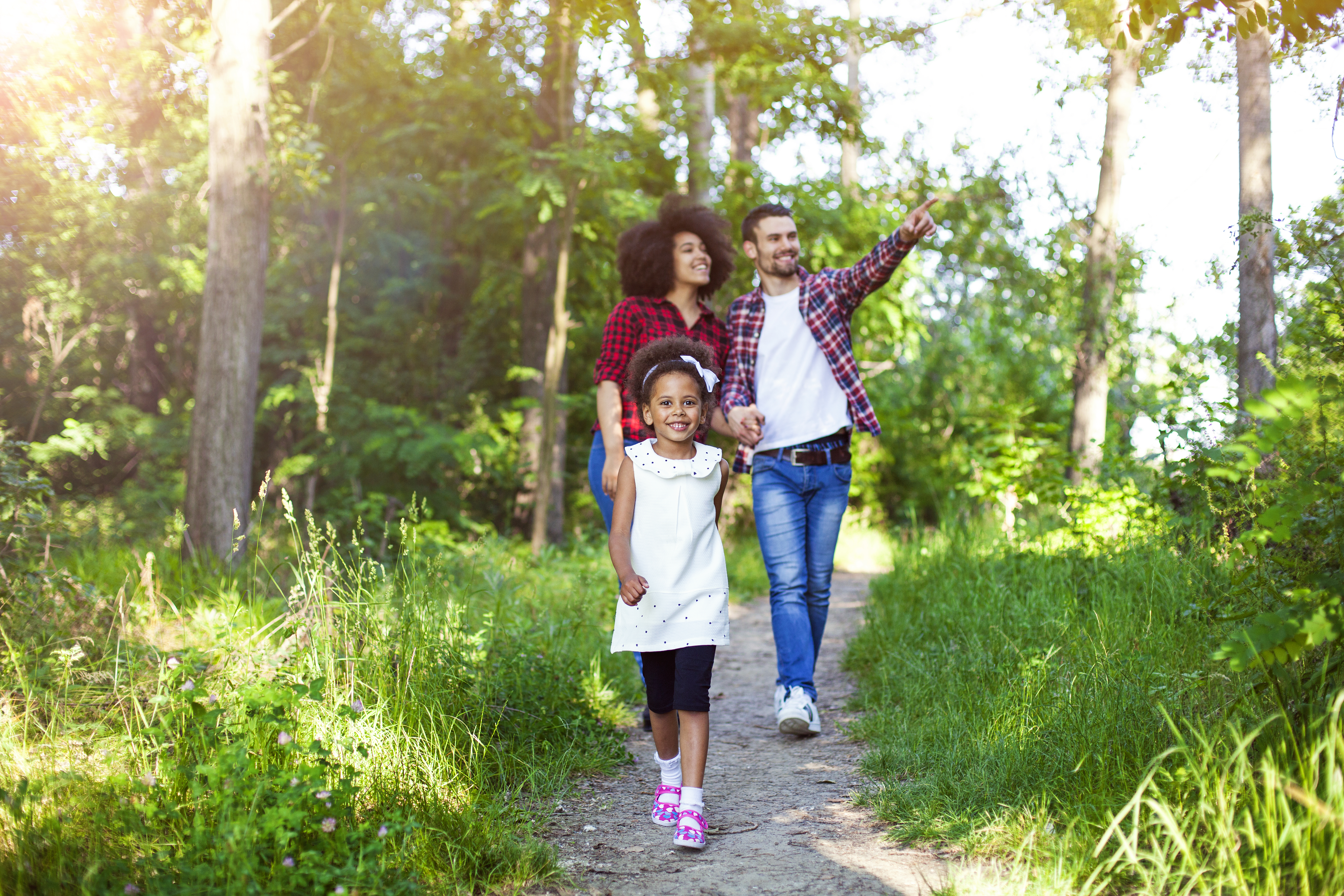 Family walking in the woods