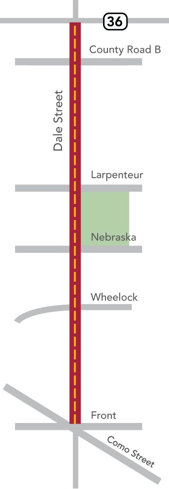 Map showing the project area from Highway 36 on the north to the intersection of Dale, Front, and Como on the south.