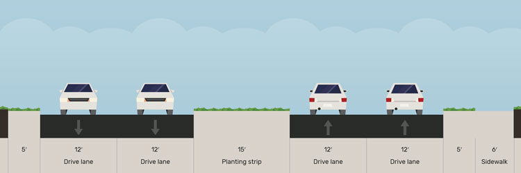 Graphic showing existing layout on Energy Park Drive from Snelling to Lexington with four drive lanes