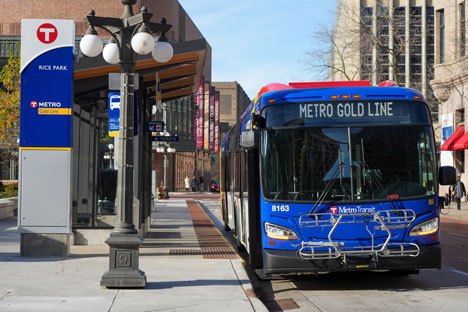 A Metro Gold Line bus at the Rice Park transit stop in Saint Paul.