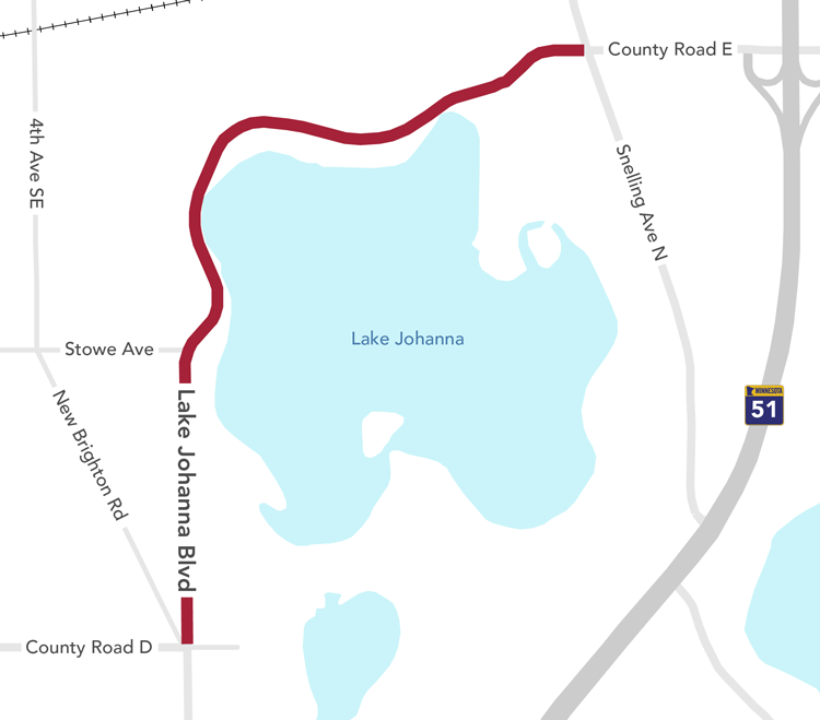 Map showing project area along Lake Johanna Boulevard from County Road D to Old Snelling Avenue