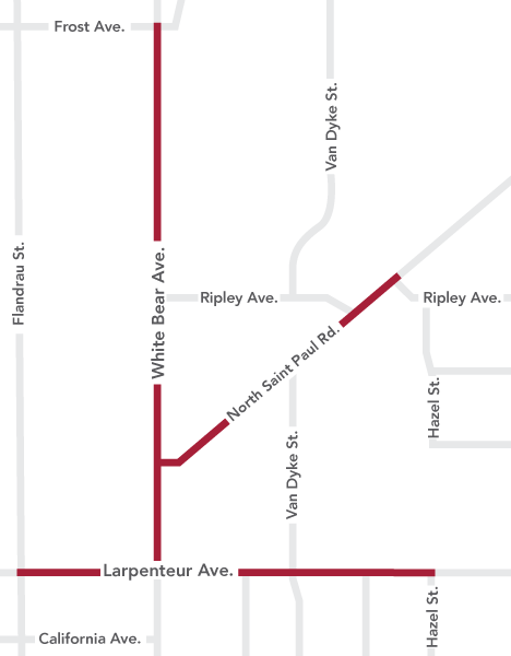 Map showing project area of Larpenteur Avenue between Flandrau Street and Hazel Street, North Saint Paul between White Bear and Ripley avenues, and White Bear Avenue between Larpenteur and Frost avenues.