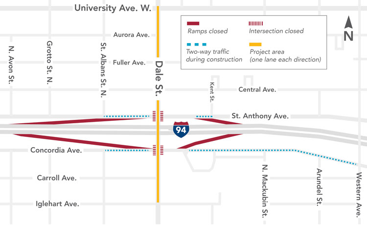 Map showing traffic impacts in Dale Street project area beginning March 23