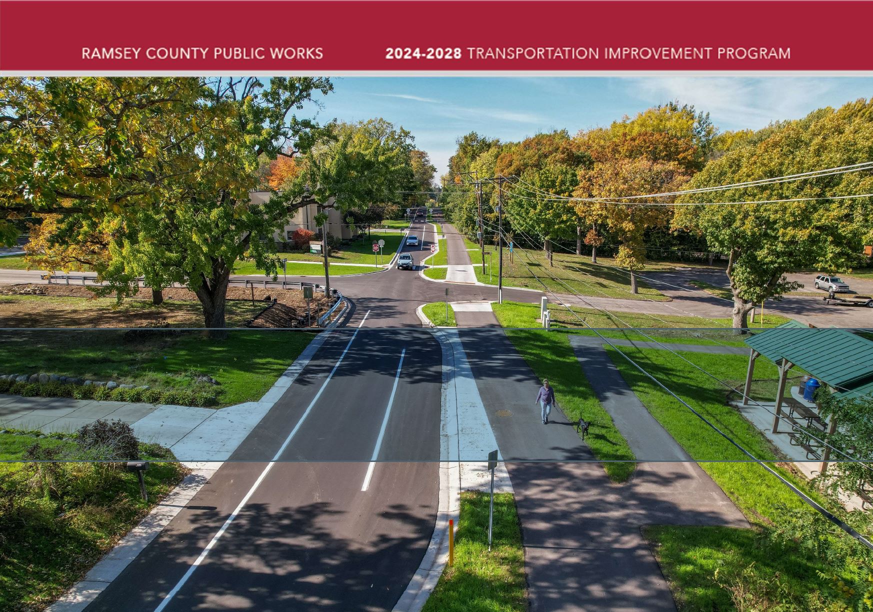 2024-2028 Ramsey County Transportation Improvement Plan cover image of road next to a lake