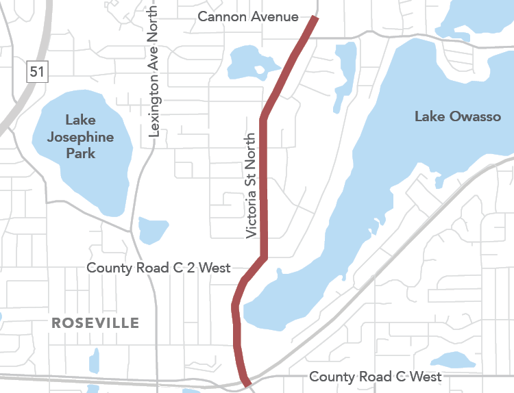 Map showing project area along Victoria Street from County Road C to Cannon Avenue