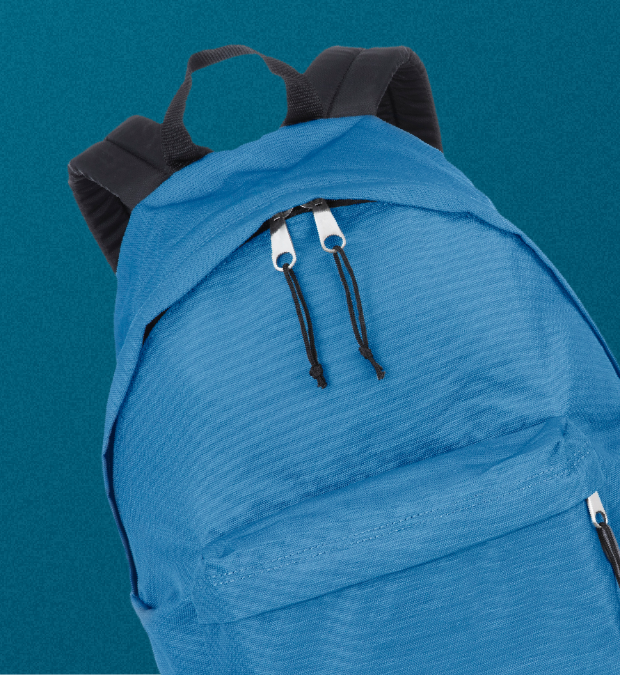 Blue backpack against a blue background