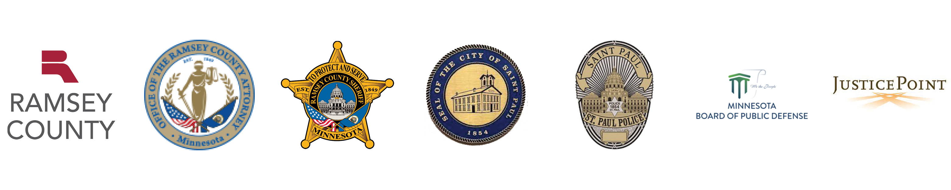 Logos: Ramsey County, Ramsey County Attorney, Ramsey County Sheriff, City of Saint Paul, Saint Paul Police, Minnesota Board of Public Defense, JusticePoint.