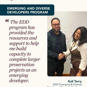 Developer Kali Terry and Community and Economic Development staff member shaking hands