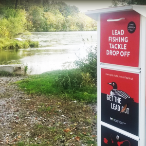 Sucker lake water and foliage in the background and off the the side is a red box for fishers to drop off lead tackles. 